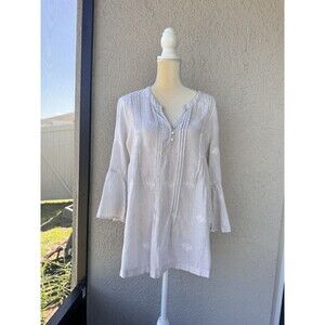 Antibes Blanc Linen Tunic Floral Embroidered Bell Sleeve Top Oversized